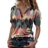 Nya eleganta kvinnor T-shirt V-halsgeometrisk hexagon bomullsblandning Kort ärmknappar Blus Top For Work Clothing L220705