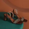 Sandals Women's Thick Heel With A Word Middle 2022 Summer Temperament All-match French Plaid Retro High HeelsSandals
