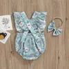 Sweet Summer Newborn Baby Girls Rompers Headband Toddler Infant Clothes Ruffles Sleeves Backless Rompers Jumpsuits Sunsuits G220521