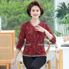 Dames T-shirt Middle Aaged Women Elastic V-Neck Slim Blouse Tops vrouwelijke lente en herfst bloemenprint lange mouw shirt pullofwomen's