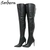 Sorbern Black Matt Boots Women Stilettos High Heel Pointed Toe Open Back Custom Wide Fit Thigh Mid Shaft Fetish Shoes