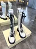 Designerstiefel Damenschuhe Luxus Tread Lace Up Hohe Stiefel Glänzendes Leder Runde Zehen EU34-41 mit Box Hochzeit Party Kleider