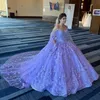 Abiti Quinceanera in pizzo lilla 2022 con mantello abiti da 15 anos Farfalla 3D Floreale Glitter Puffy Ballgown Dolce 15/16 Abito da ballo Abito di quince No-Light Immagine reale