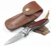 Top Quality Damas Flipper Folder Knife VG10 Damas Steel Blade Rosewood + Steels Tête Poignée Roulement À Billes EDC Couteaux De Poche Avec Gaine En Cuir