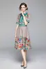 Sommarbanan Vintage Print Collar Bow Tie Neck Kortärmad Knapp Fram Kvinnor Ladies Casual Party Beach Stilig A-Line Midi Dress