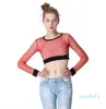 2022-Hollow out perspective fishnet exposed navel Women's T-Shirt European and American nightclub sexy large mesh short top