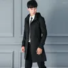 Men's Trench Coats Men 's Duster Spring And Autumn British Style Slim -Fit Mid-Length Hooded Single- Breasted Black Top Viol22