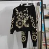 Pantalones de dos piezas para mujer Moda Mujer Chándal 2022 Otoño Invierno Conjunto Hoja de oro Disco Flor Bordado Suéter Punto SportsuitsMujeres