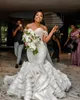 nieuwe!!! Luxe ruches zeemeermin trouwjurken bruidsjurken uit de schouder kralen kant prachtig Nigeriaans Arabisch huwelijk gewaad de Mariee Pro232