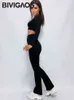 Bivigaos Kobiety rozszerzone spodnie czarne elastyczne szczupły talia seksowne spodnie podkowy Mikro zwyczajne mody Pants L220725