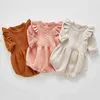 Babymeisjes gebreide bodysuit 2021 lente baby pasgeborene lange mouw solide gegolfde jumpsuit outfit set baby lente herfst kleding g220510