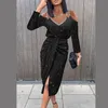 Vrouwen mode holle uit kant party jurk sexy v-hals gedrapeerde spleet jurken elegante commute office lady off shoulder lange jurk 220316