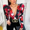 Spring Elegant Boho Print Bodysuits Rompers Women Jumpsuits Puff Sleeve Skinny Sexy V-neck Bodies Ladies Casual Overalls 220714