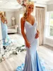 Spaghetti Straps Mermaid Evening Dresses 2022 V Neck Appliques Sweep Train Backless Satin Formal Prom Gowns