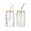 Tumblers Sublimation Glas Bierbecher mit Bambusdeckel Stroh DIY Rohlinge gefrostet durchsichtige Dose Becher Wärmeübertragung 15 Unzen Eiskaffee Gläser 449 H1