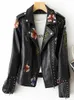 Nuevas mujeres Retro Floral estampado bordado finas de imitación chaqueta de cuero abrigo cuello vuelto Pu Moto Biker negro Punk prendas de vestir exteriores