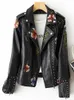 New Women Women Retro Floral Print Bordado Faux Soft Coather Chat Casal Turndown Collar Pu Moto Biker Black Punk Outerwear2858137