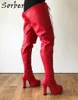 Sorbern BDSM 12cm Square Heel Laarzen Dames Platform Lace Up Crotch Dij Hoge Laarzen Goth Cosplay Fetish Boot Red Matte Aangepast