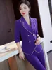 Kvinnors tv￥bitar byxor Purple Black Double Breasted Women Pant Suit Blazer Office Lady Formal 2 Set Female Business Work Wear Jacket och