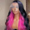 13X4 하이라이트 핑크 인간의 머리 가발 바디 웨이브 레이스 전면 투명 합성 가발 흑인 여성을위한 코스프레 파티