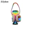 Sandaler Rainbow Color Women pekade Toe Sun Style Rhinestone High Heels Weeding Shoes Spike Heel Slingback Pumpar 220232