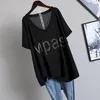 Summer Womens T-shirt Korean Loose Oversized T-shirt Large Size Diamond V-neck Covering Belly Short Sleeve Tshirt Women 220520