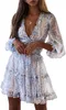 Tampes femininas Tees de primavera/verão Mini vestido de impressão floral com pescoço em V profundo e mangas compridas