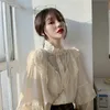 Kadın T-Shirt Sonbahar Kore Tatlı Gevşek Giysiler Dantel Yukarı fırfırlı Kadın Bluzlar Moda Stand Collat ​​bayanlar Vintage gömlekler kadınwomen's