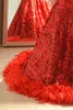 2022 African Black Girl Sparkly Red Mermaid Prom Dresses Sequined with Feathers Long Sleeve Evening Dresses Formal Party Gown Cust265y