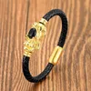 Charm Bracelets Feng Shui PIXIU Bracelet Round Natural Gemstone Braided Leather Rope Women Fashion Stainless Steel JewelryCharm