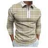 New Trendy 3D Stripe Grid Print Polos T-shirts For Men Slim Fit Zipper Lapel Designer Long Sleeve Loose Casual Polo Shirts T004