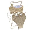 Maillot de bain pour femme Femme Une épaule Beige Patchwork Évider Tie-up 1 pièce Maillot de bain S/ M/ L