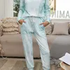 Calça feminina de duas peças outono malha lounge desgaste feminino loungewearwwear pijama roupas de noite feminino ladrinhas de roupas de dormir sono 2022