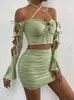Vestidos de trabajo pieza Sexy Ruffle Mini vestido conjunto 2022 verde ahueca hacia fuera la parte superior de las faldas de verano trajes Bodycon mujeres fiesta ajustado corto DressWork
