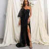 Sexy Black Evening Dresses Mermaid Puffy Long Sleeves Split Satin Formal Party Prom Gowns Pleats 2022 Designer sequined Celebrity Dress
