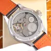 Power Reserve Mens relógios de enrolamento de mão de aço shell tourbillon esqueleto azul rosto face marrom tira de couro dobrável