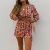 TRAF Vrouwen Sets Print Rok Shorts Vrouw Bloemen Top Vrouwelijke Lange Mouw Knoop Crop Zomer Pakken Vintage Hoge Taille 220719