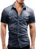 Men's T-Shirts Buttoned Turn-down Collar Shirts Fashion Short Sleeve Denim Casual Men Summer Slim Solid Tops Pullovers MensMen's