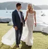 Spitze Meerjungfrau Brautkleider, quadratischer Ausschnitt, Spitze, appliziert, sexy, rückenfrei, Vestidos de Novia, Sweep-Zug, Perlen, Sommer-Strand-Hochzeitskleid