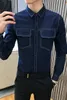 Men's Casual Shirts Korean Slim Fit Denim Mens Jeans Polka Dot Social Fashion Elegant Long Sleeve Black BlueMen's