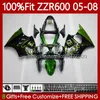 Carenados 100% aptos para KAWASAKI NINJA 600CC ZZR-600 600 CC 2005-2008 Carrocería 134No.64 Llamas verdes ZZR600 05 06 07 08 ZZR 600 2005 2006 2007 2008 Kit de cuerpo de molde de inyección