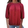 Women's T-Shirt Autumn Loose Solid Women's Top Three Quarter Sleeve T Shirt Folds O Neck TeeWomen's