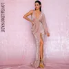 LOVELEMONADE Sexy or Rose col en v manches simples paillettes fendu robe Maxi de fête LM81848 220402