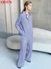 OOTN Blue Satin Home Wear Suit Spring Brown Z Długim Rękawem 2 Sztuka Top I Spodnie Zestawy Luźne Dorywczo Letnie Spodnie Zestaw Ladies 220421