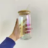 16oz Iridescent Glass Tumblers with Bamboo Lid Sublimation Laser Colors Clear Holographic Glasses Cola Beer Can Beverage DIY Heat Transfer Cups WLL1256