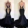 Black Sexy Backless V Neck Long Mermaid Prom Dresses Halter Gold Applique Satin Backless African Black Girls Formal Party Gowns C0413