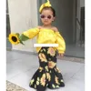 Kinder Mädchen Outfits Kinder Trägerlosen Schulter Tops + Sonnenblumen Flare Hosen 2 teile/satz Frühling Herbst Baby Kleidung Sets