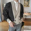 Business Casual Langarm V-ausschnitt Mantel Männer Mode Gestreiften Patchwork Strickjacke Herren Temperament Schlank Zweireiher Jacke