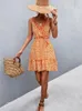 Casual Dresses Backless Sleeveless Floral Slip Mini Dress Lace Up Summer Fashion Printed V Neck Ruffle Edge Women's DressesCasual