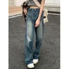 Blue Womens Straight Jeans High midja American Style Streetwear Vintage Pants Chic Design Casual Ladies Denim Wide Leg Trouser 220701